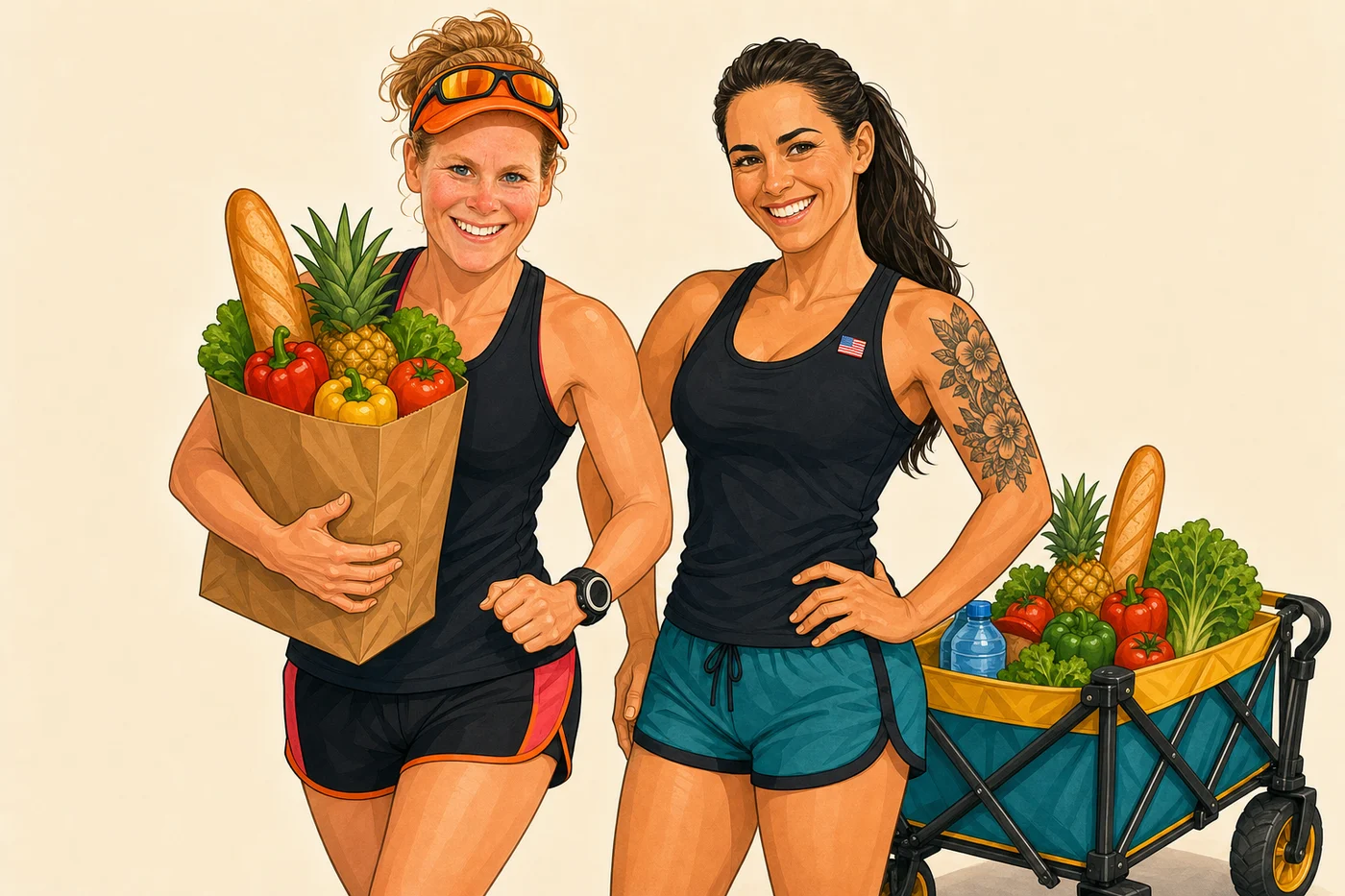 Brittany and Taylor, the veteran-owned team behind Two Chicks and a Cart, with a grocery bag and delivery cart